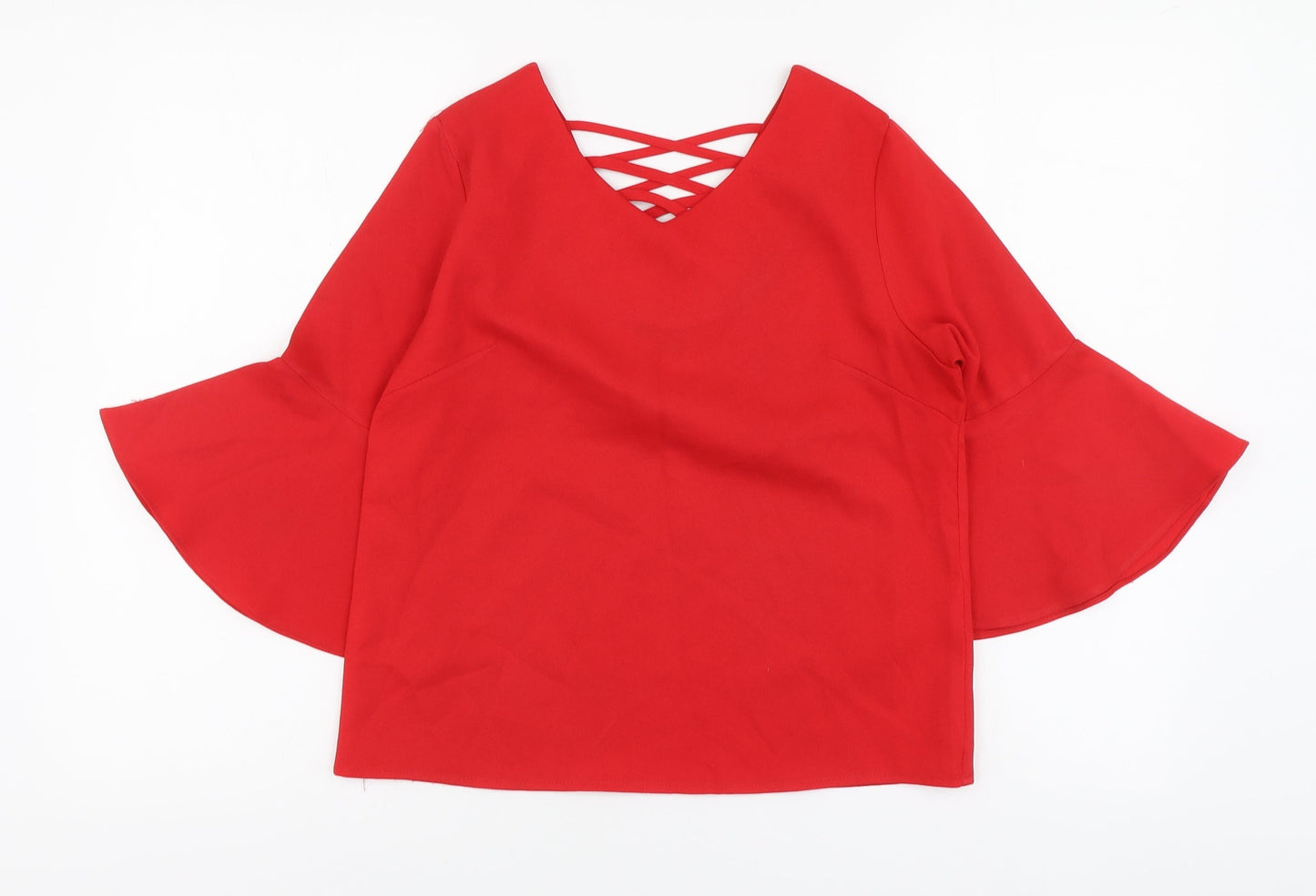 Cute Womens Red Polyester Basic Size 8 V-Neck - Bell Sleeve