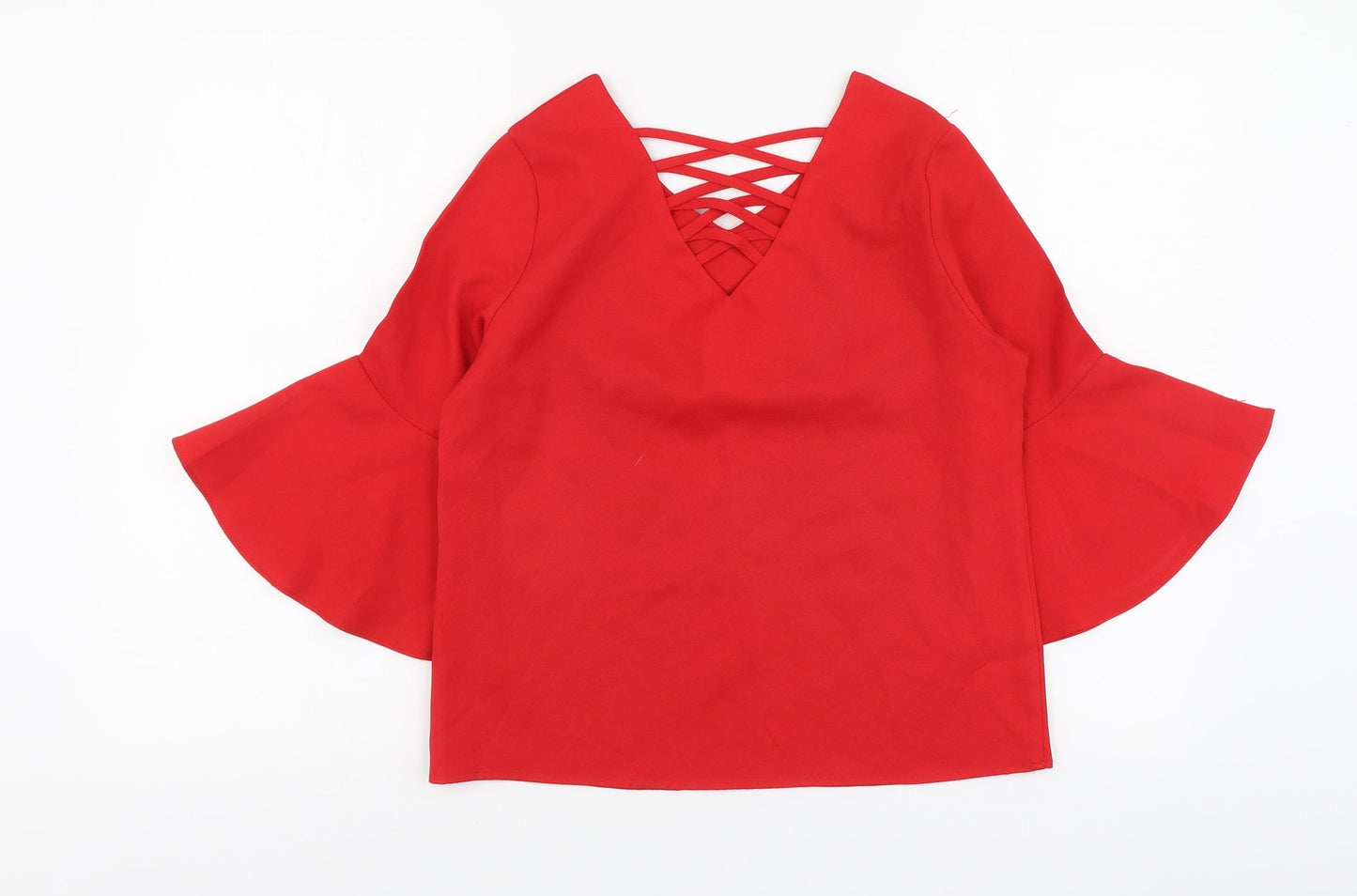 Cute Womens Red Polyester Basic Size 8 V-Neck - Bell Sleeve