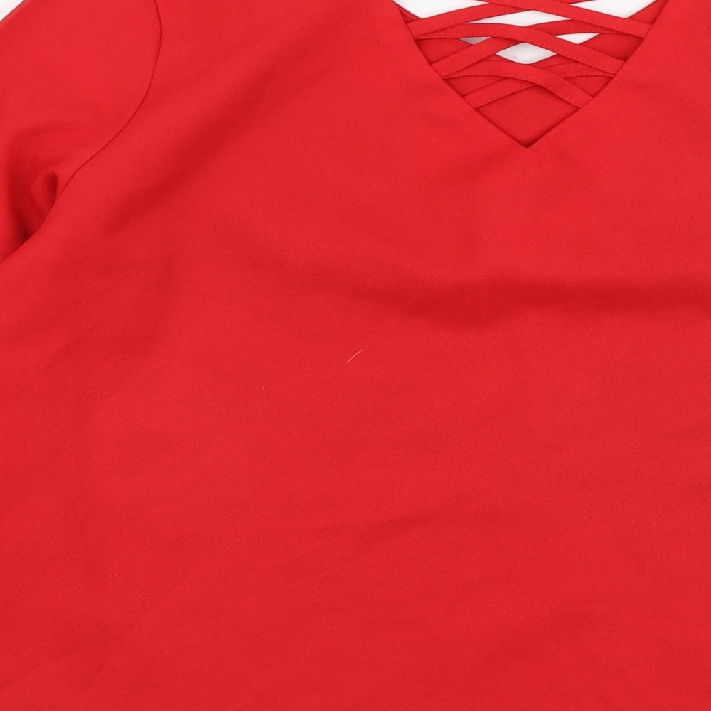Cute Womens Red Polyester Basic Size 8 V-Neck - Bell Sleeve