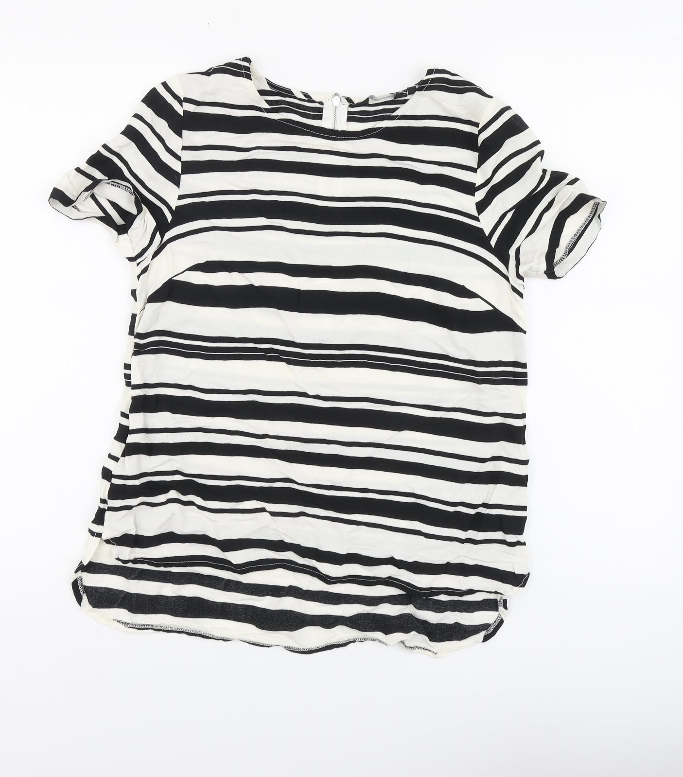 New Look Womens Black Striped Polyester Basic Blouse Size 10 Round Neck