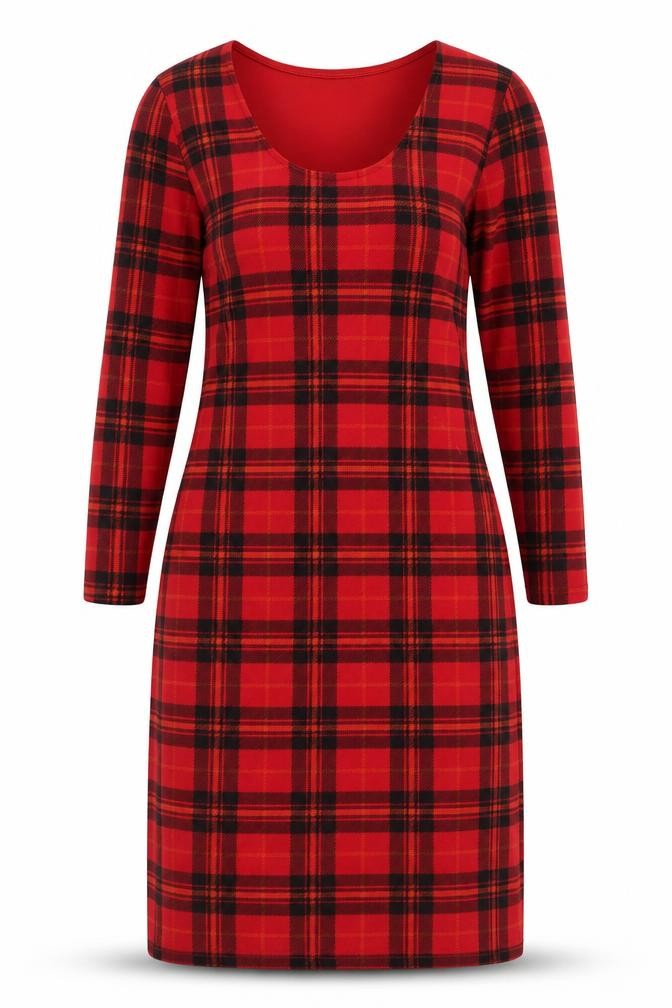Exhibit Womens Red Plaid Polyester A-Line Size 8 Round Neck