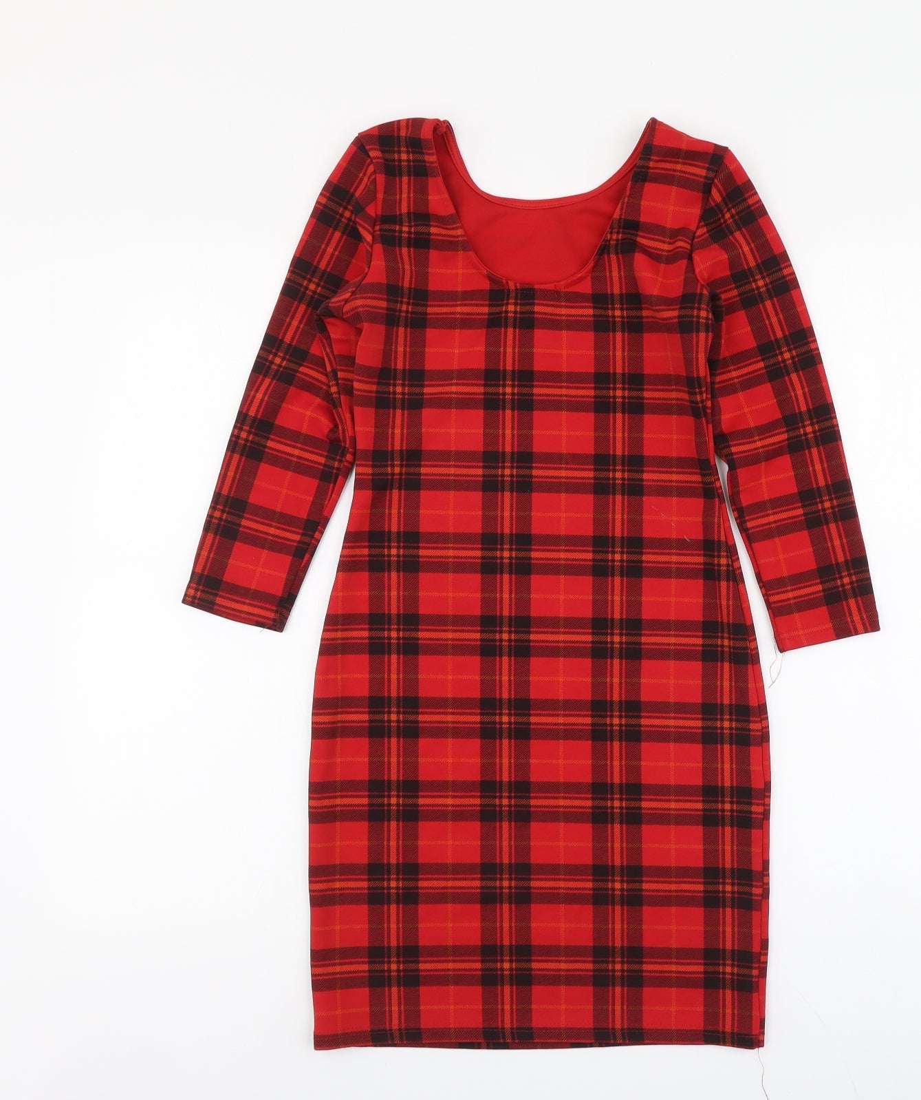 Exhibit Womens Red Plaid Polyester A-Line Size 8 Round Neck