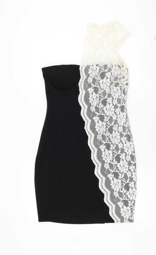 Goddova Womens Black Polyester Pencil Dress Size M One Shoulder Zip - Lace Detailing