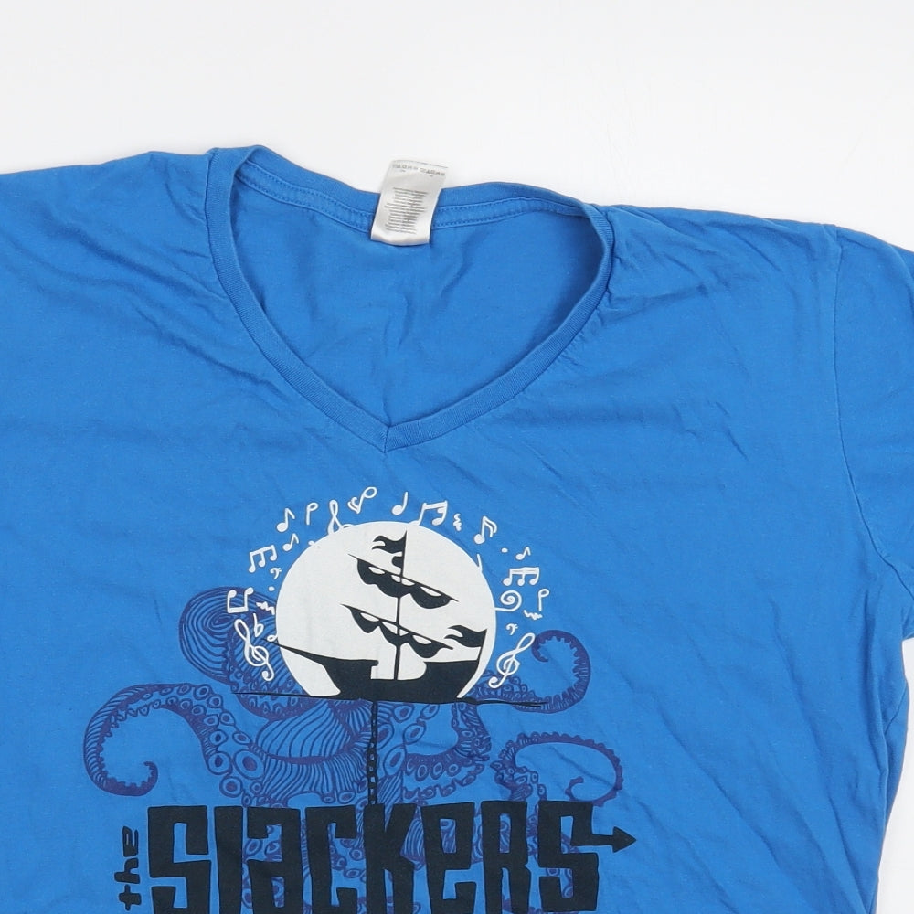 Gildan Womens Blue Cotton Basic T-Shirt Size XL V-Neck - The Slackers