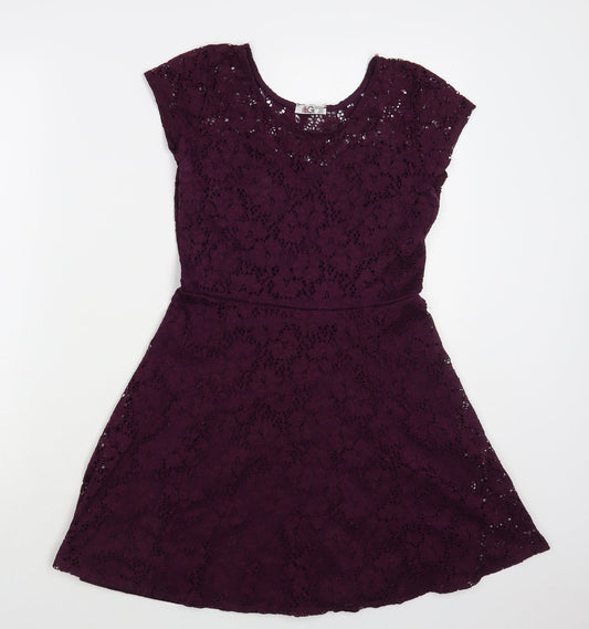 Wal G Womens Purple Floral Polyester Fit & Flare Size S Round Neck Pullover - Lace Overlay