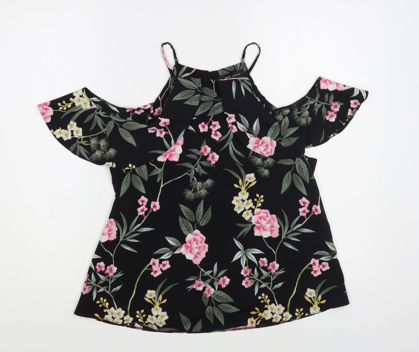 New Look Womens Black Floral Polyester Basic Blouse Size 8 Off the Shoulder - Cold Shoulder