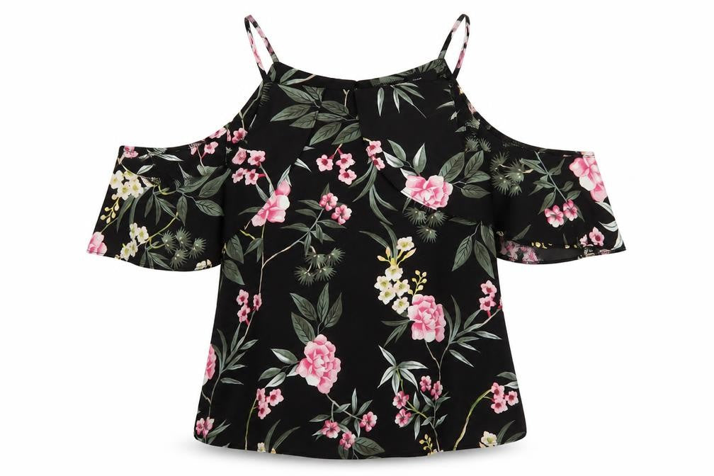 New Look Womens Black Floral Polyester Basic Blouse Size 8 Off the Shoulder - Cold Shoulder