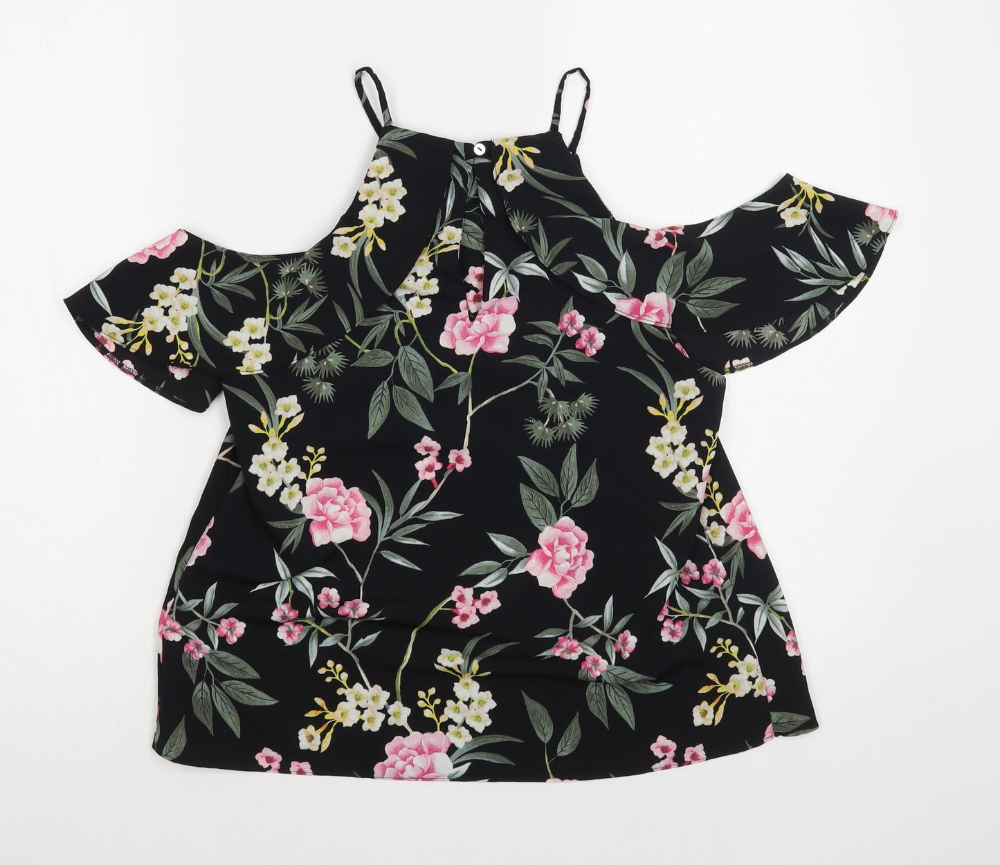 New Look Womens Black Floral Polyester Basic Blouse Size 8 Off the Shoulder - Cold Shoulder