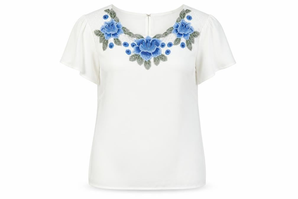 Oasis Womens White Polyester Basic T-Shirt Size 10 Round Neck - Flowers
