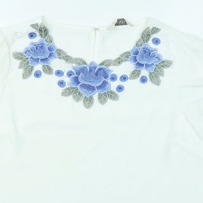 Oasis Womens White Polyester Basic T-Shirt Size 10 Round Neck - Flowers