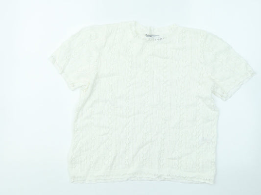 Oasis Womens White Geometric Cotton Basic T-Shirt Size M Round Neck