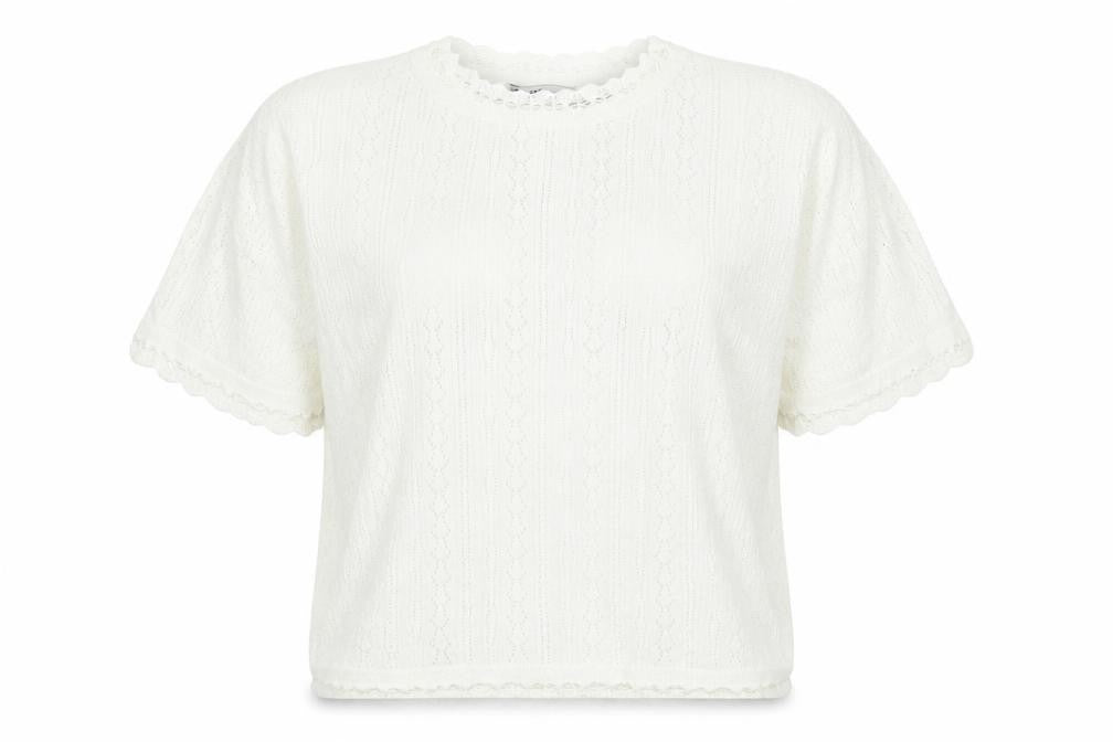 Oasis Womens White Geometric Cotton Basic T-Shirt Size M Round Neck