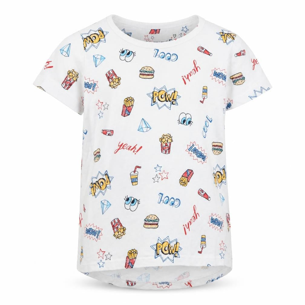 TU Boys White Geometric Cotton Basic T-Shirt Size 8 Years Round Neck - Fries Popcorn Cool Eyes Diamond