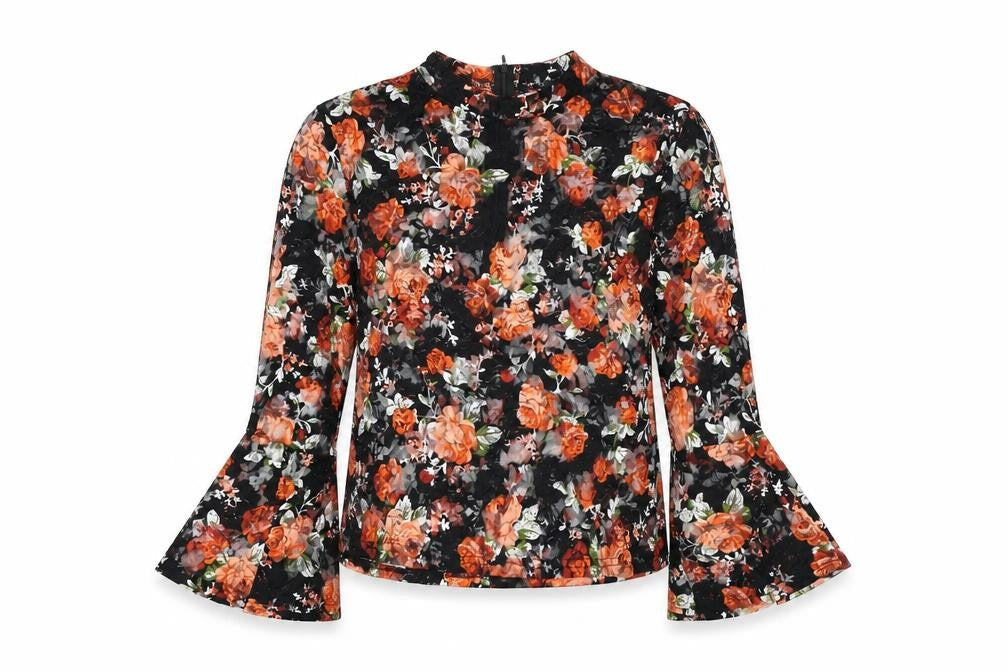 Mirumi Womens Black Floral Polyester Basic T-Shirt Size S Round Neck