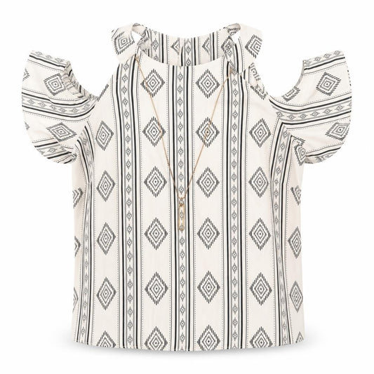 Atmosphere Womens Ivory Geometric Polyester Basic Blouse Size 8 Round Neck