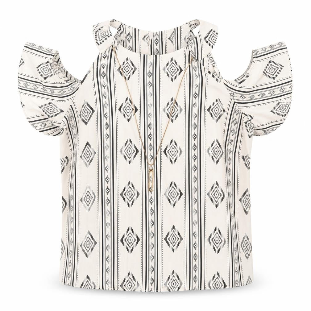 Atmosphere Womens Ivory Geometric Polyester Basic Blouse Size 8 Round Neck
