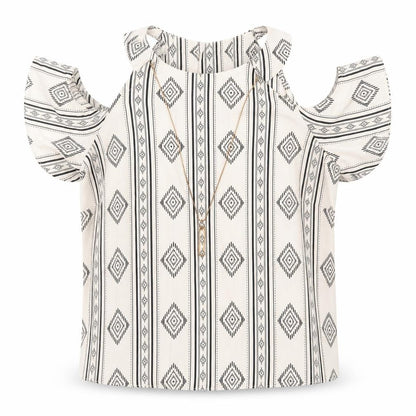 Atmosphere Womens Ivory Geometric Polyester Basic Blouse Size 8 Round Neck