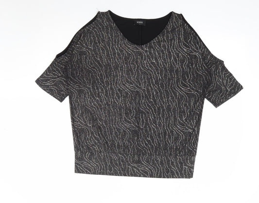Klass Womens Black Geometric Polyester Jersey Blouse Size L V-Neck - Cold Shoulder
