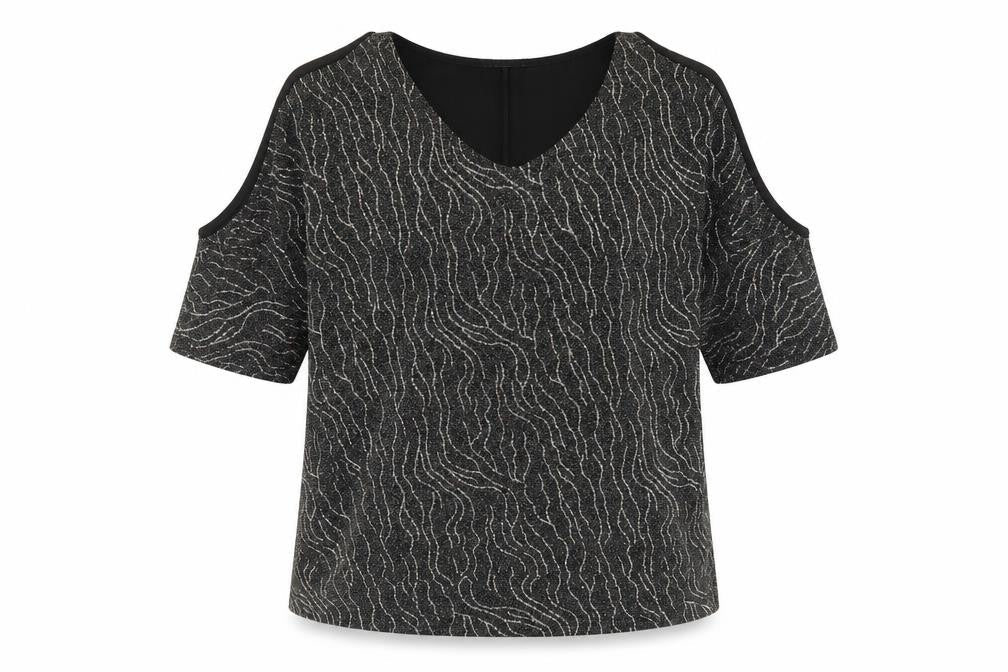 Klass Womens Black Geometric Polyester Jersey Blouse Size L V-Neck - Cold Shoulder