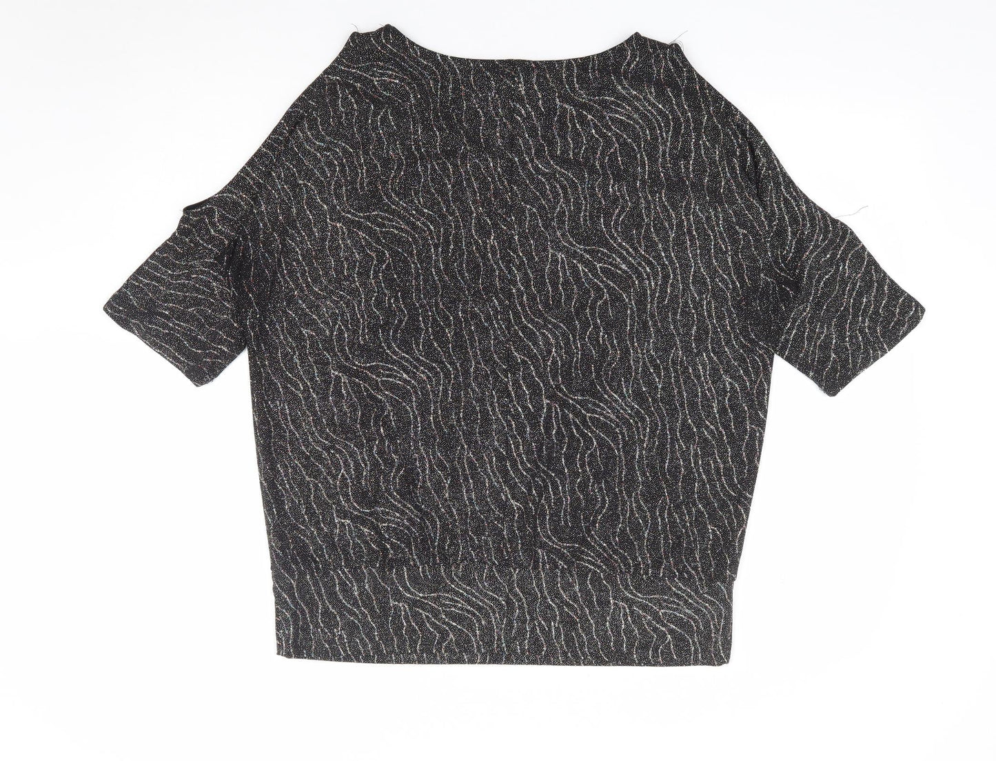 Klass Womens Black Geometric Polyester Jersey Blouse Size L V-Neck - Cold Shoulder