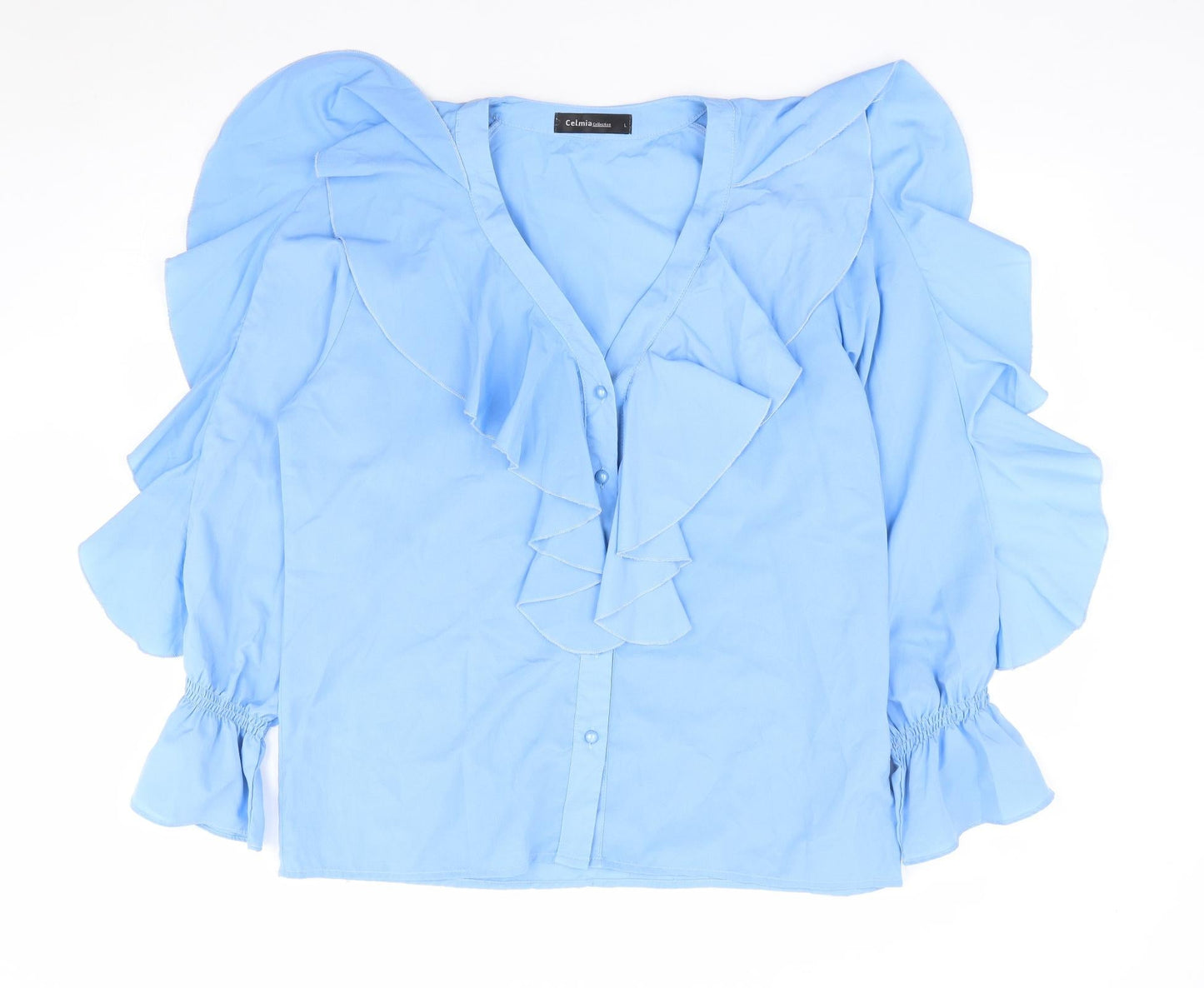 Celmia Collection Womens Blue Polyester Jersey Blouse Size L V-Neck