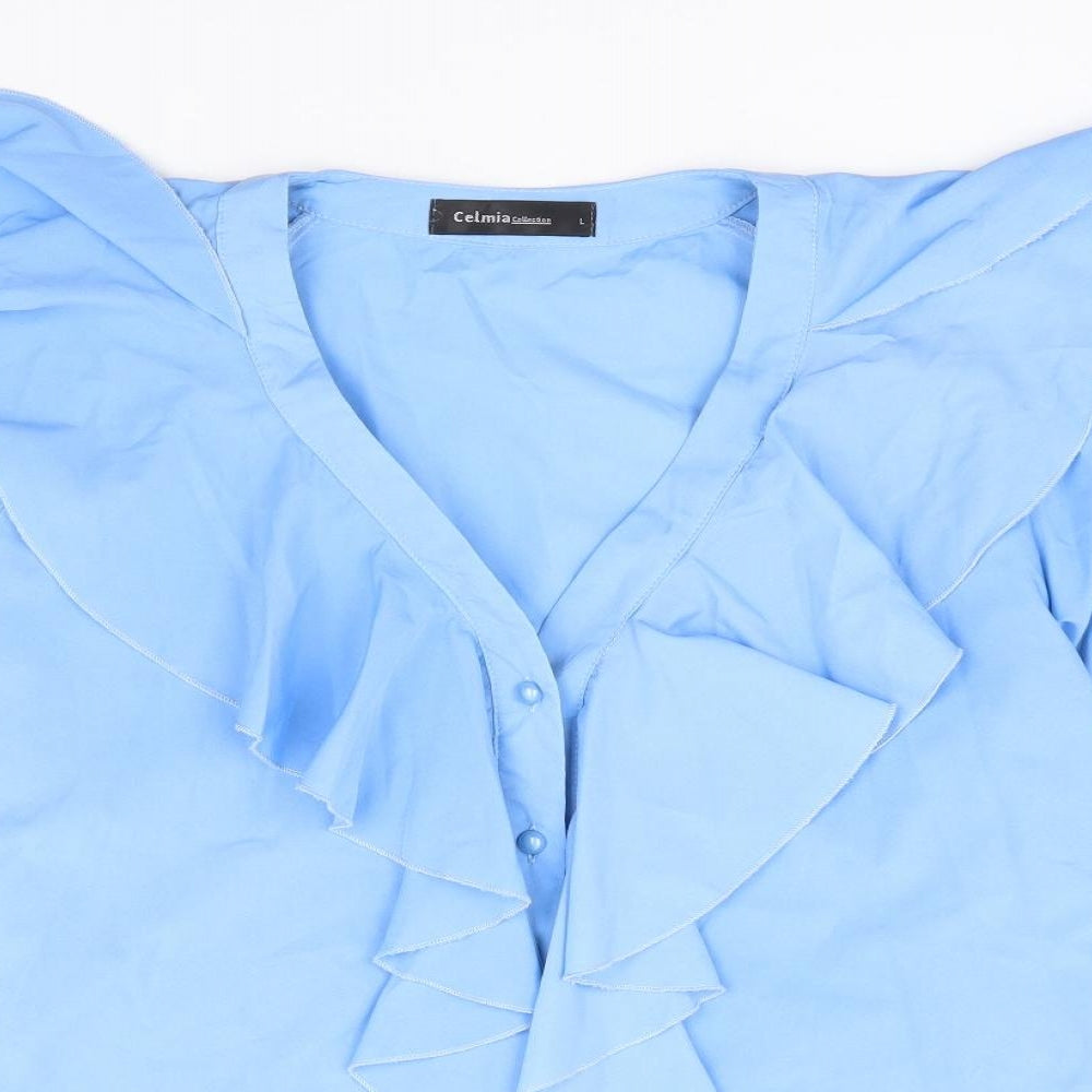 Celmia Collection Womens Blue Polyester Jersey Blouse Size L V-Neck