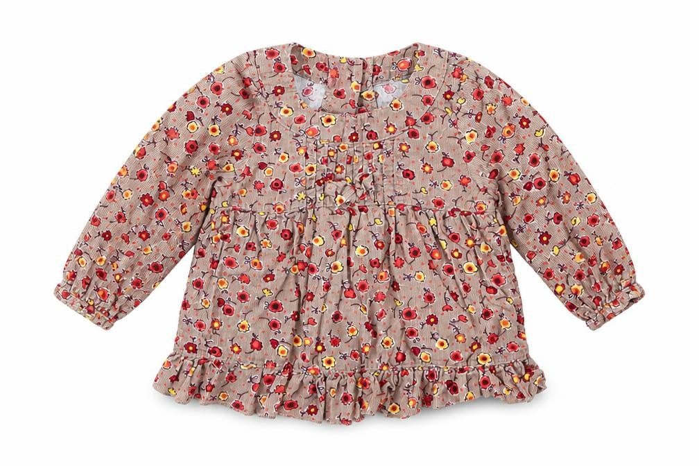 Marks & Spencer Girls Brown Floral Cotton Shift Size 6-9 Months Round Neck Button