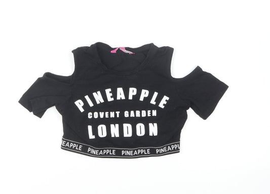 Pineapple Girls Black Cotton Cropped T-Shirt Size 8-9 Years Round Neck Pullover - Cold Shoulder
