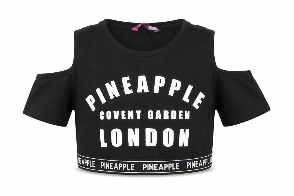 Pineapple Girls Black Cotton Cropped T-Shirt Size 8-9 Years Round Neck Pullover - Cold Shoulder