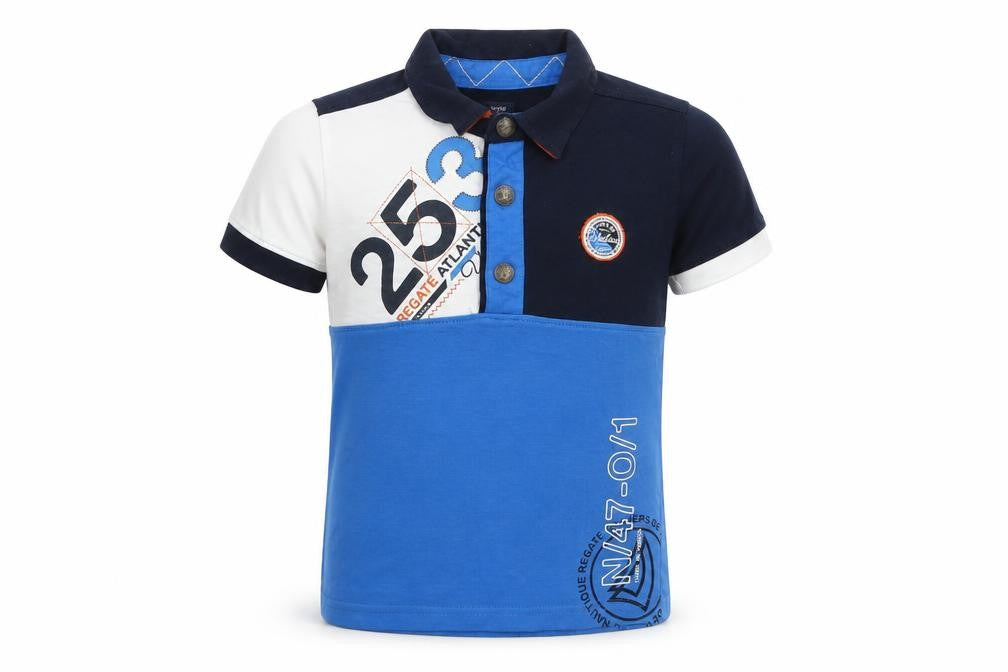Terre de Marins Boys Blue Colourblock Cotton Basic Polo Size 5 Years Collared Button