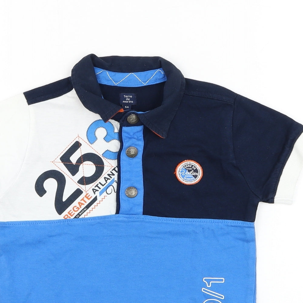 Terre de Marins Boys Blue Colourblock Cotton Basic Polo Size 5 Years Collared Button