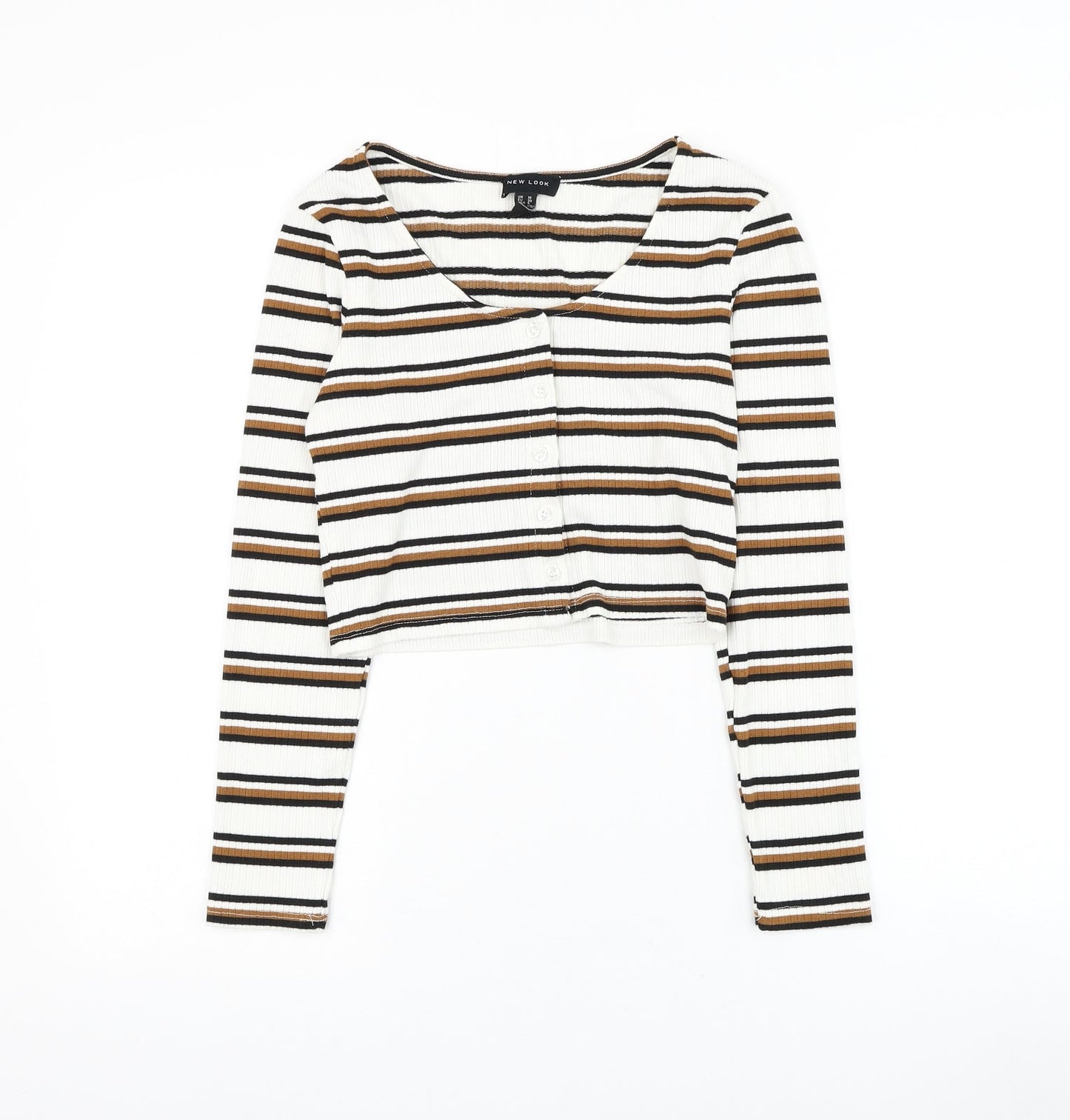 New Look Womens White Round Neck Striped Viscose Cardigan Jumper Size 10