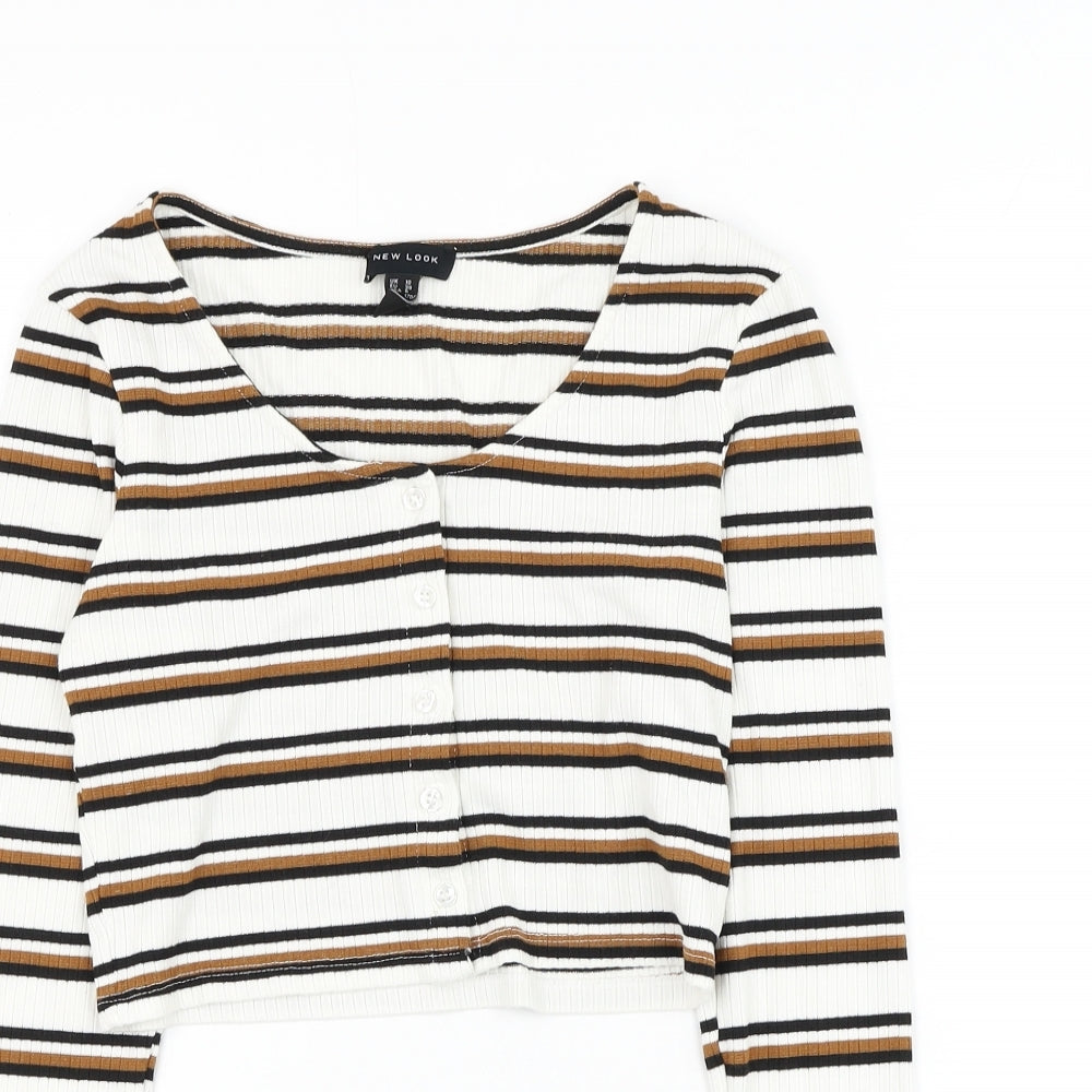 New Look Womens White Round Neck Striped Viscose Cardigan Jumper Size 10