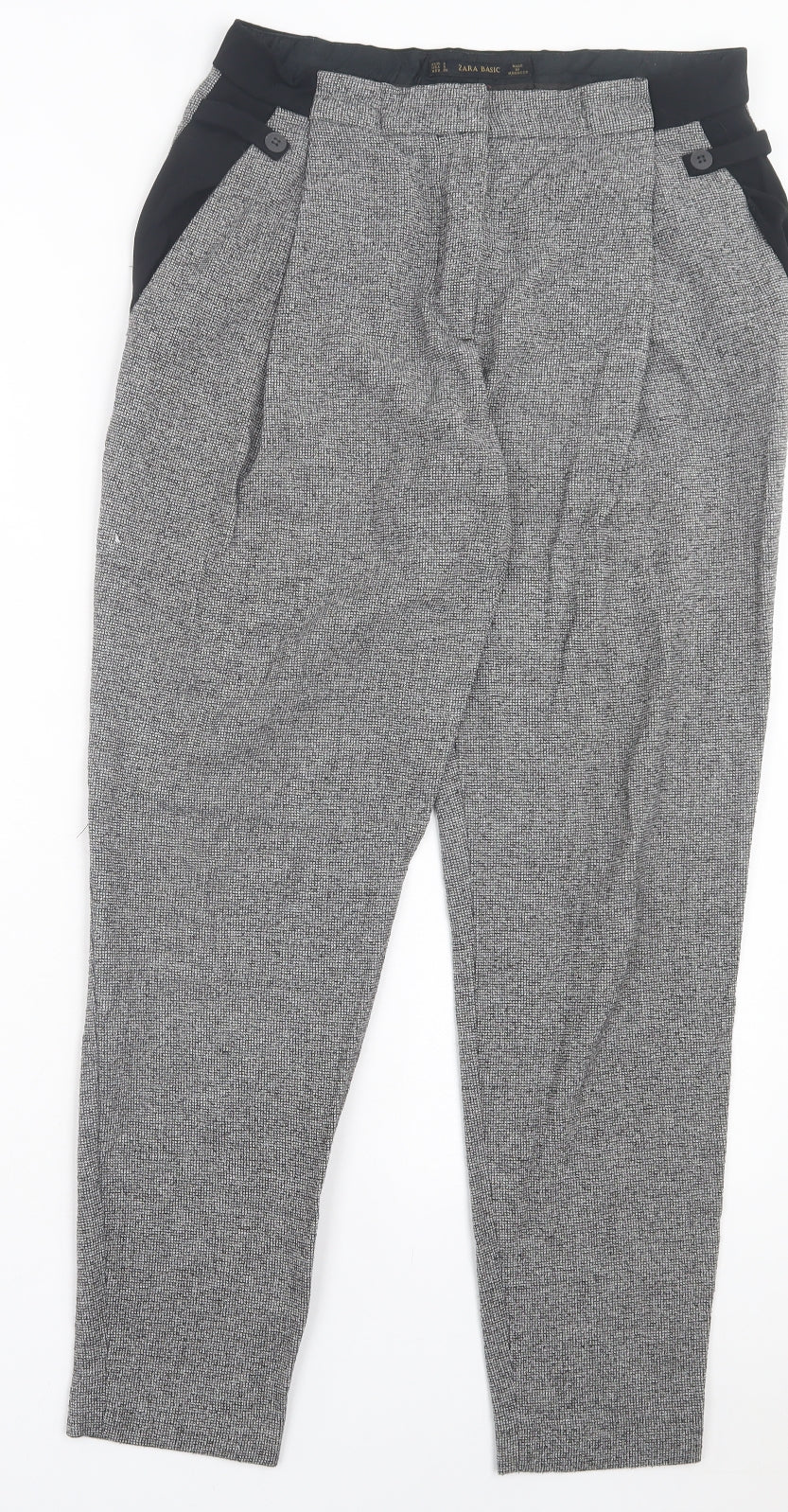 Marks and Spencer Womens Black Herringbone Polyester Trousers Size S L28 in Regular Hook & Eye
