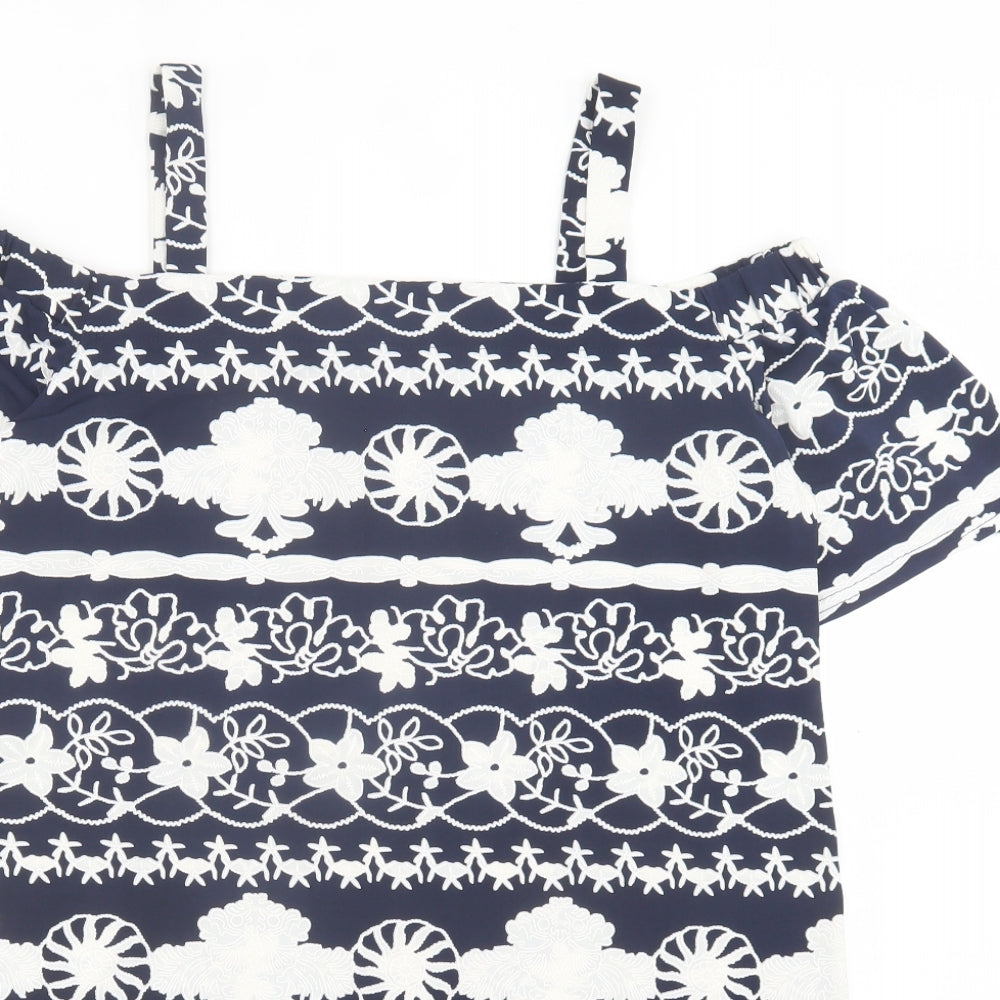 Quiz Womens Blue Floral Polyester A-Line Size M Square Neck Pullover - Cold Shoulder