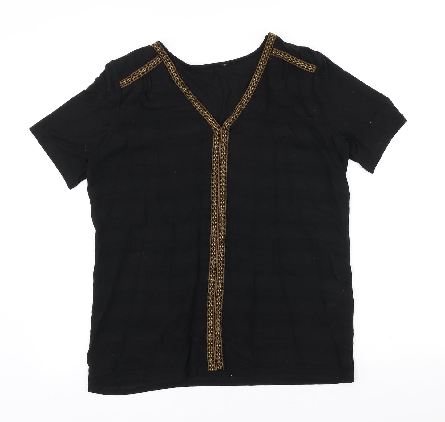 Buur Womens Black Geometric Viscose Basic T-Shirt Size L V-Neck