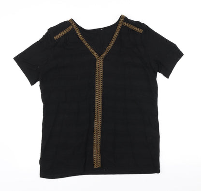 Buur Womens Black Geometric Viscose Basic T-Shirt Size L V-Neck