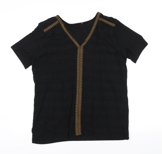 Buur Womens Black Geometric Viscose Basic T-Shirt Size L V-Neck