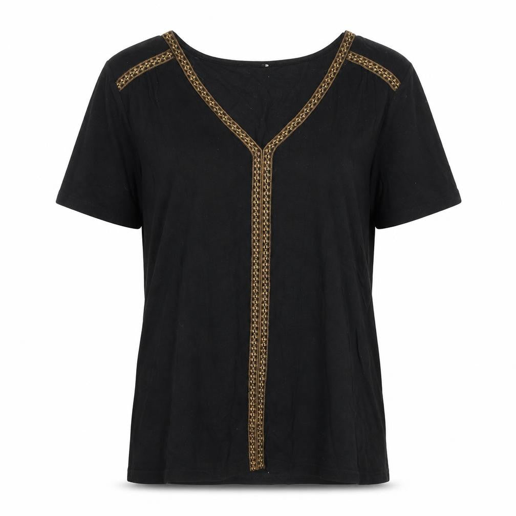 Buur Womens Black Geometric Viscose Basic T-Shirt Size L V-Neck