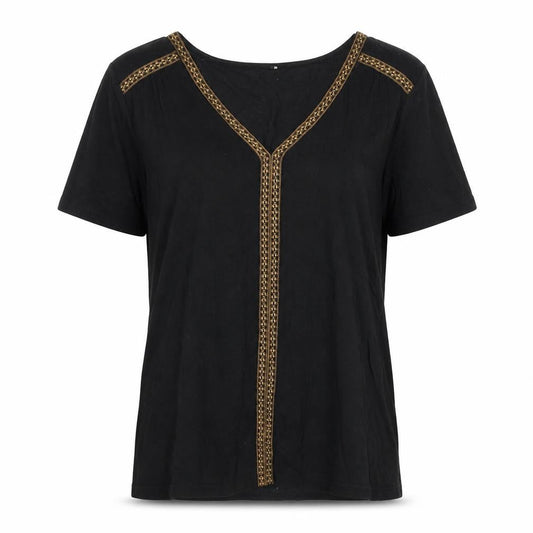 Buur Womens Black Geometric Viscose Basic T-Shirt Size L V-Neck