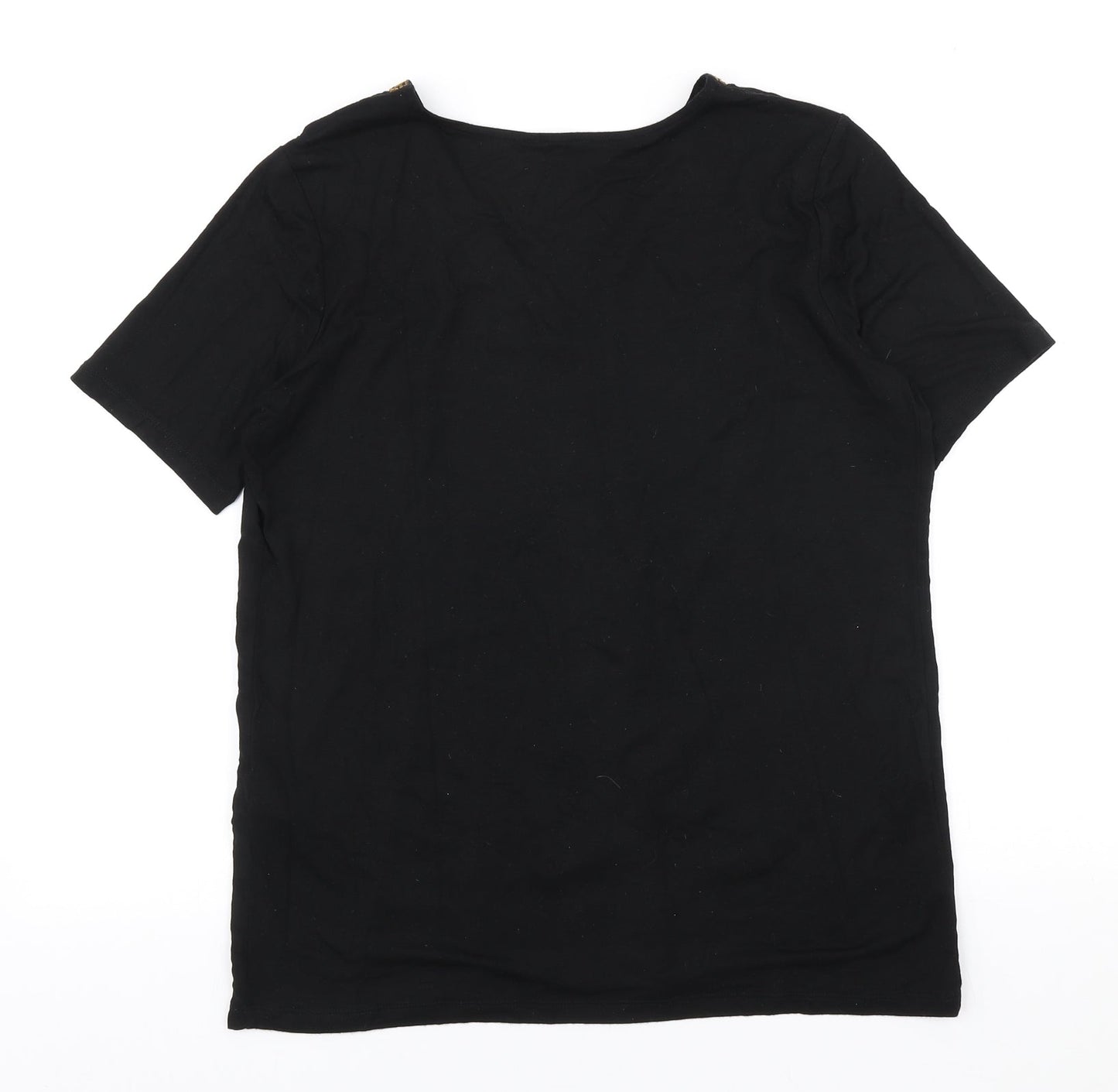 Buur Womens Black Geometric Viscose Basic T-Shirt Size L V-Neck