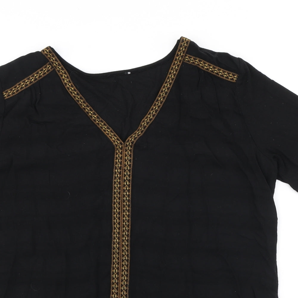 Buur Womens Black Geometric Viscose Basic T-Shirt Size L V-Neck