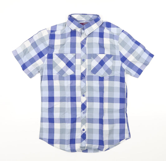 Dunnes Stores Mens Blue Plaid Cotton Button-Up Size S Collared Button