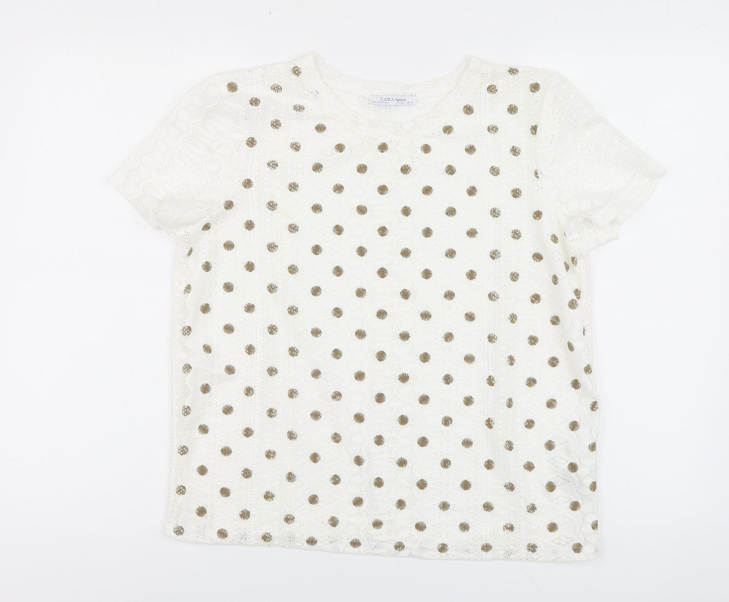 Zara Womens White Polka Dot Polyester Basic Polo Size L Round Neck