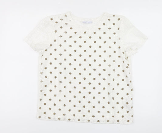Zara Womens White Polka Dot Polyester Basic Polo Size L Round Neck