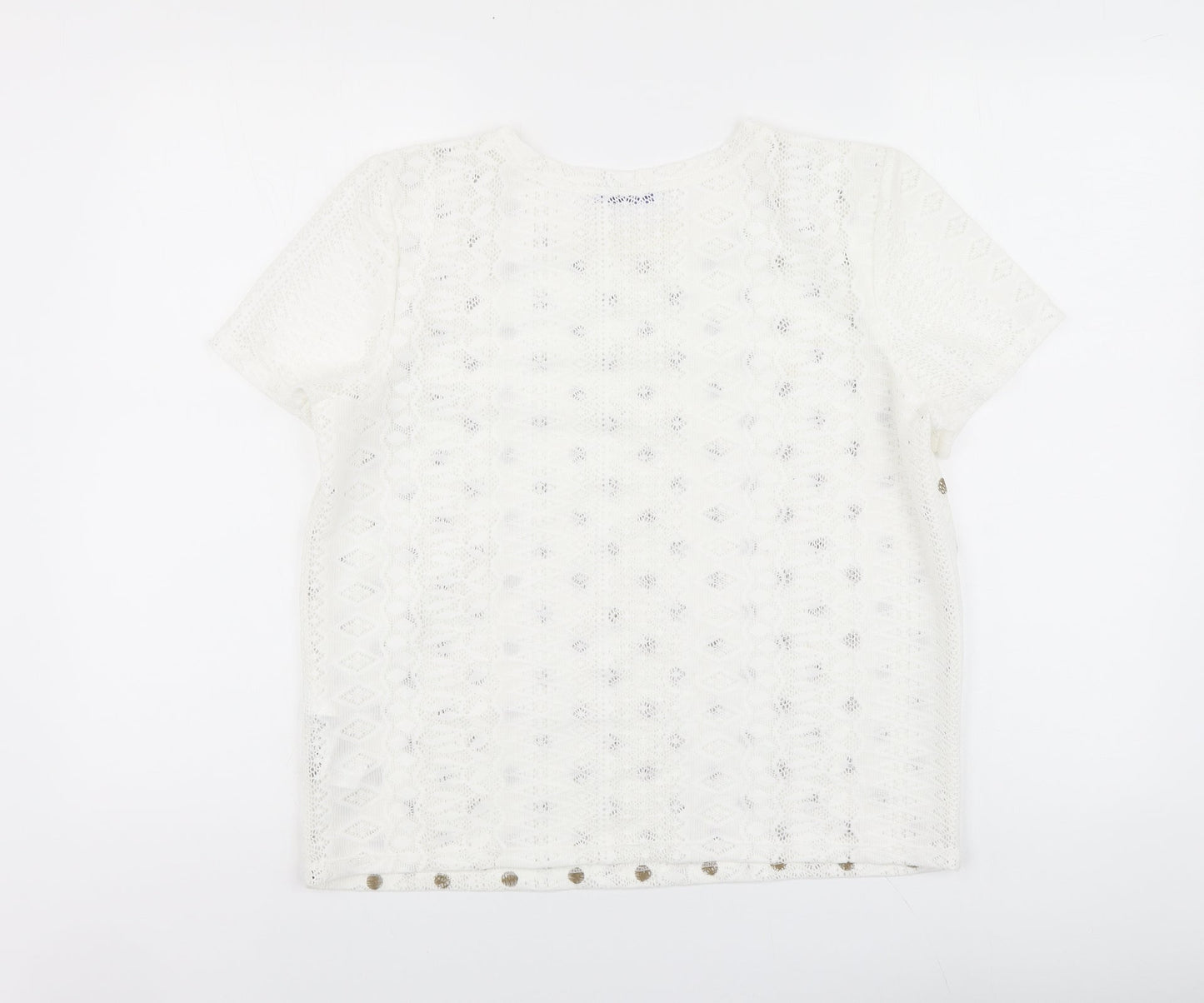Zara Womens White Polka Dot Polyester Basic Polo Size L Round Neck