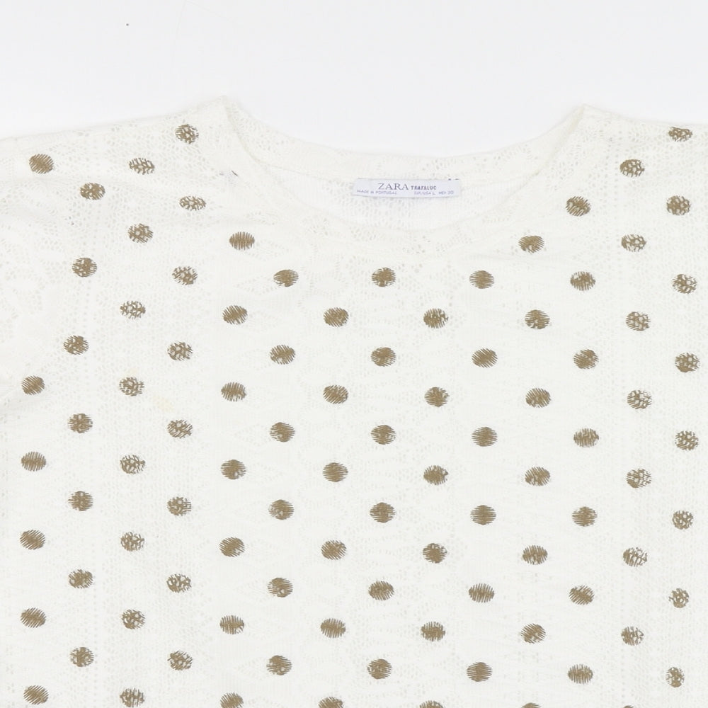 Zara Womens White Polka Dot Polyester Basic Polo Size L Round Neck