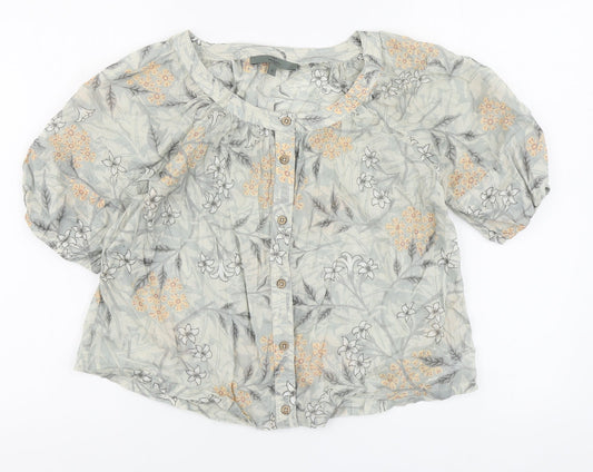 NEXT Womens Green Floral Cotton Basic Button-Up Size 6 Round Neck