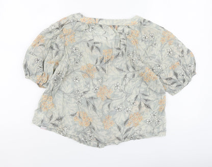 Next Womens Green Floral Cotton Basic Button-Up Size 6 Round Neck