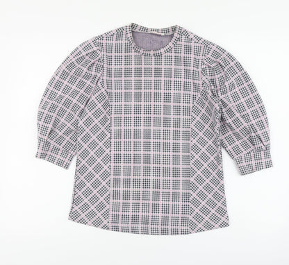 Savida Womens Pink Plaid Polyester Basic Blouse Size S Round Neck